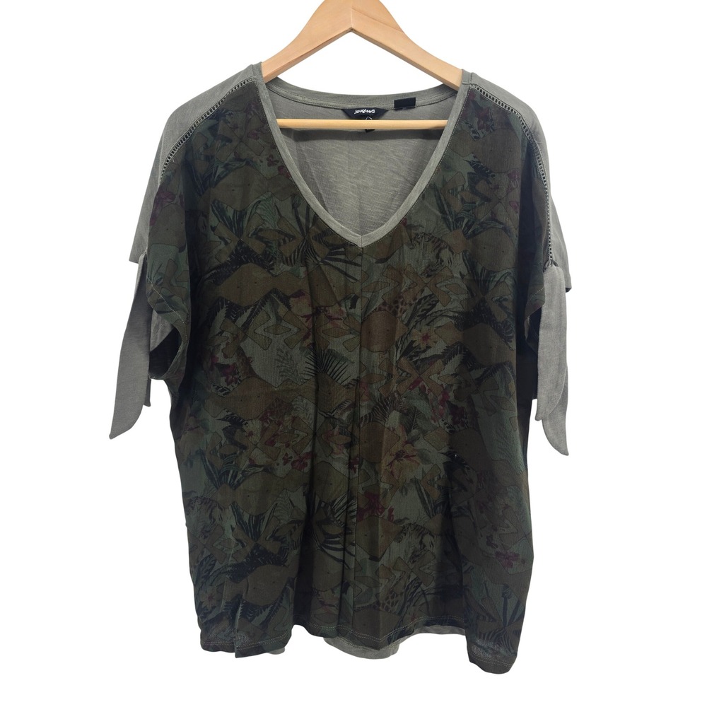 Desigual Shirt Womens XL 21SWTKA3 Olive Green Tropical Tie Sleeve EUC